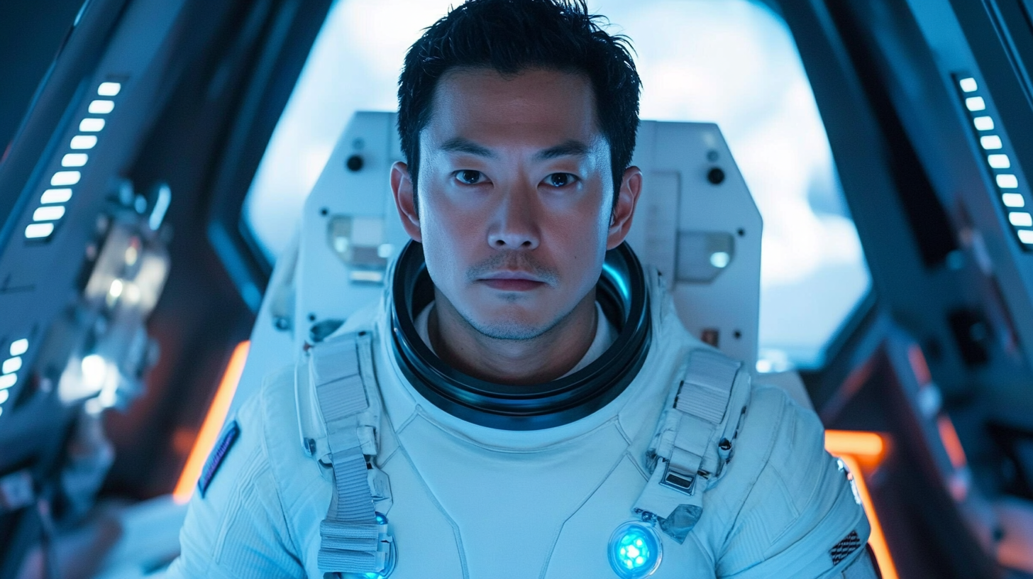 A Kind Asian Astronaut in a Futuristic Spaceship