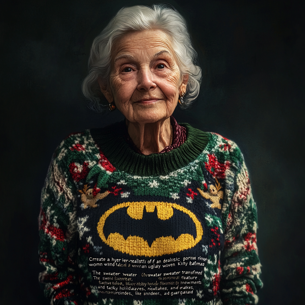 A Kind Elderly Woman in Festive Batman Sweater