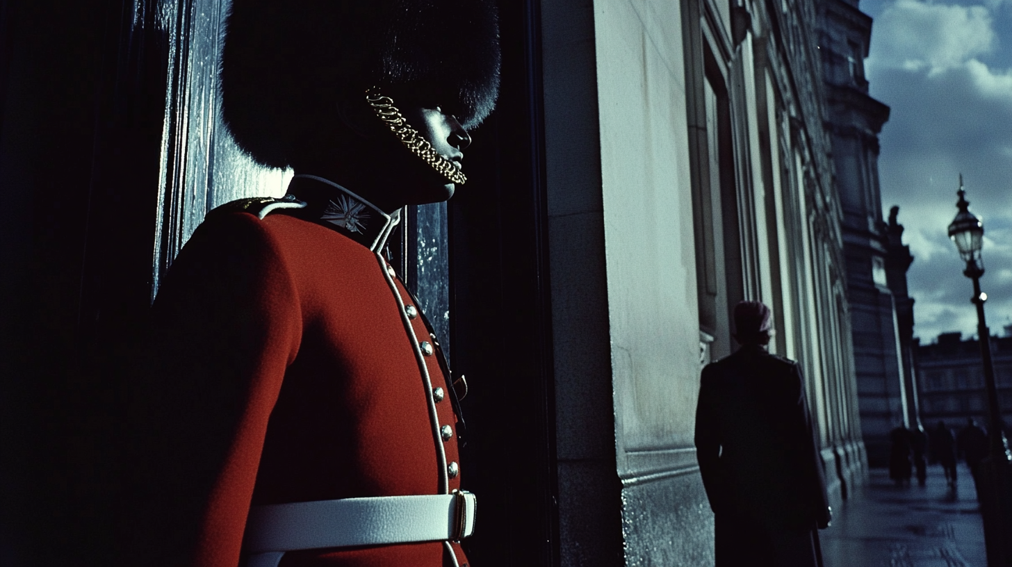 A King's guard standing near Buckingham Palace in 1966.