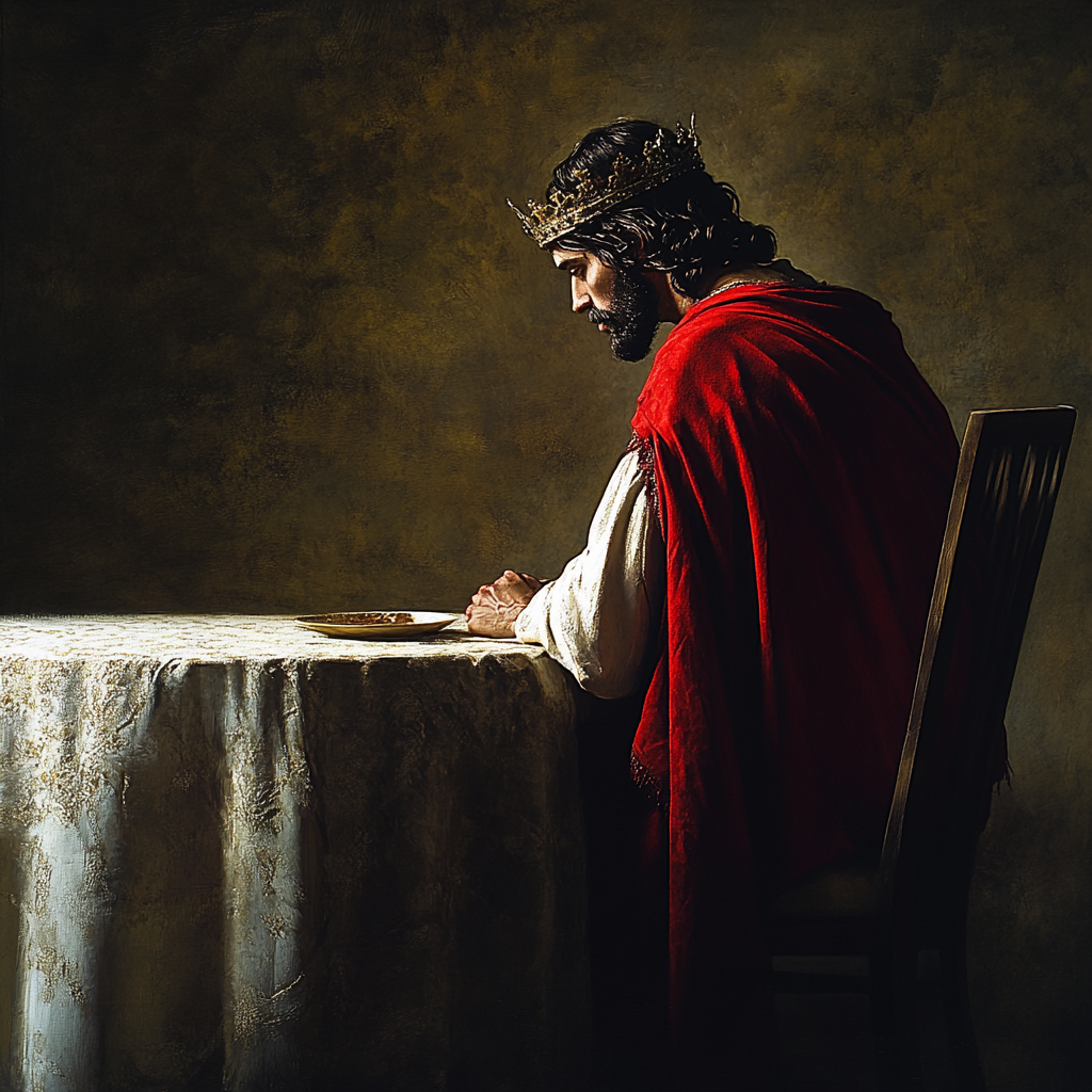 A King Jesus waits at table for guest.