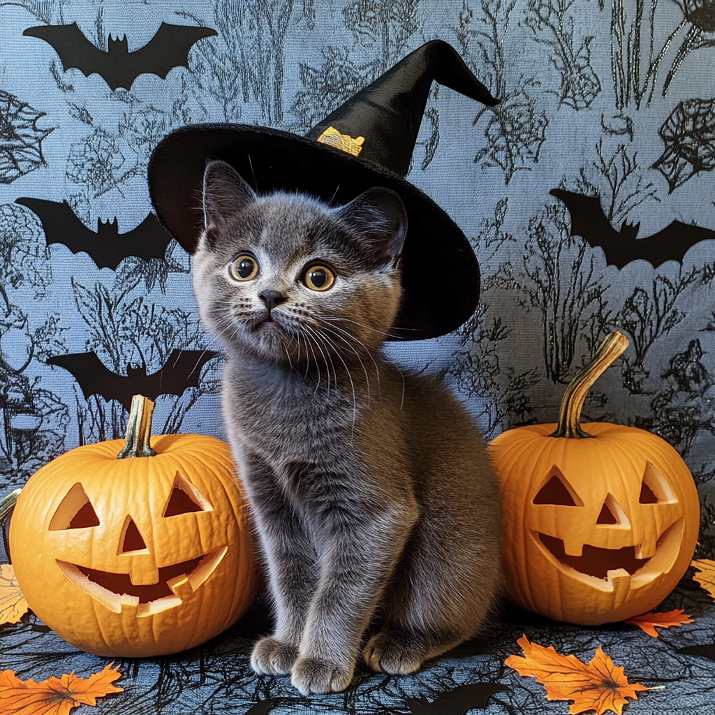 A Kitten Dressed as Cheshire Cat for Halloween.