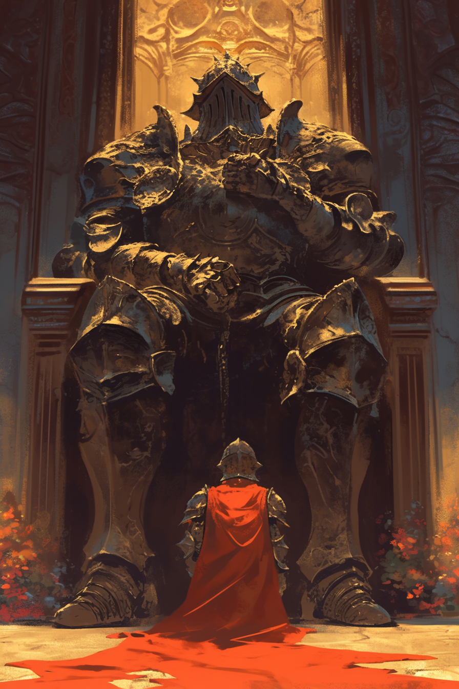 A Knight Kneeling before King in Armor