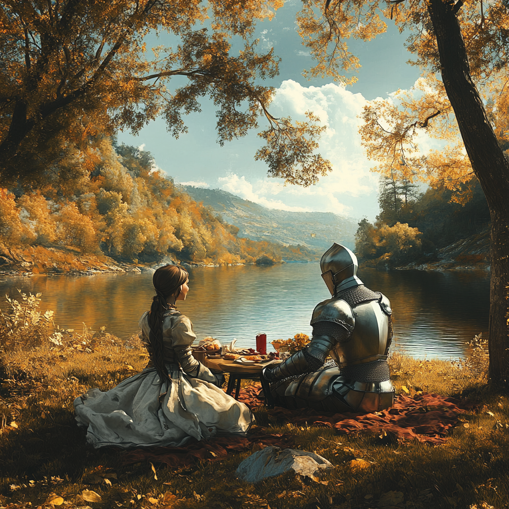 A Knight and Lady having picnic by lake