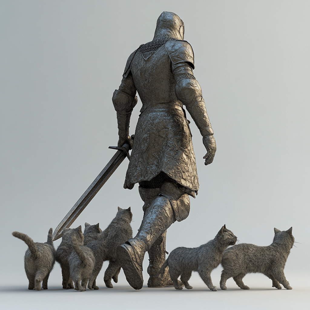 A Knight with Sword followed by Cats