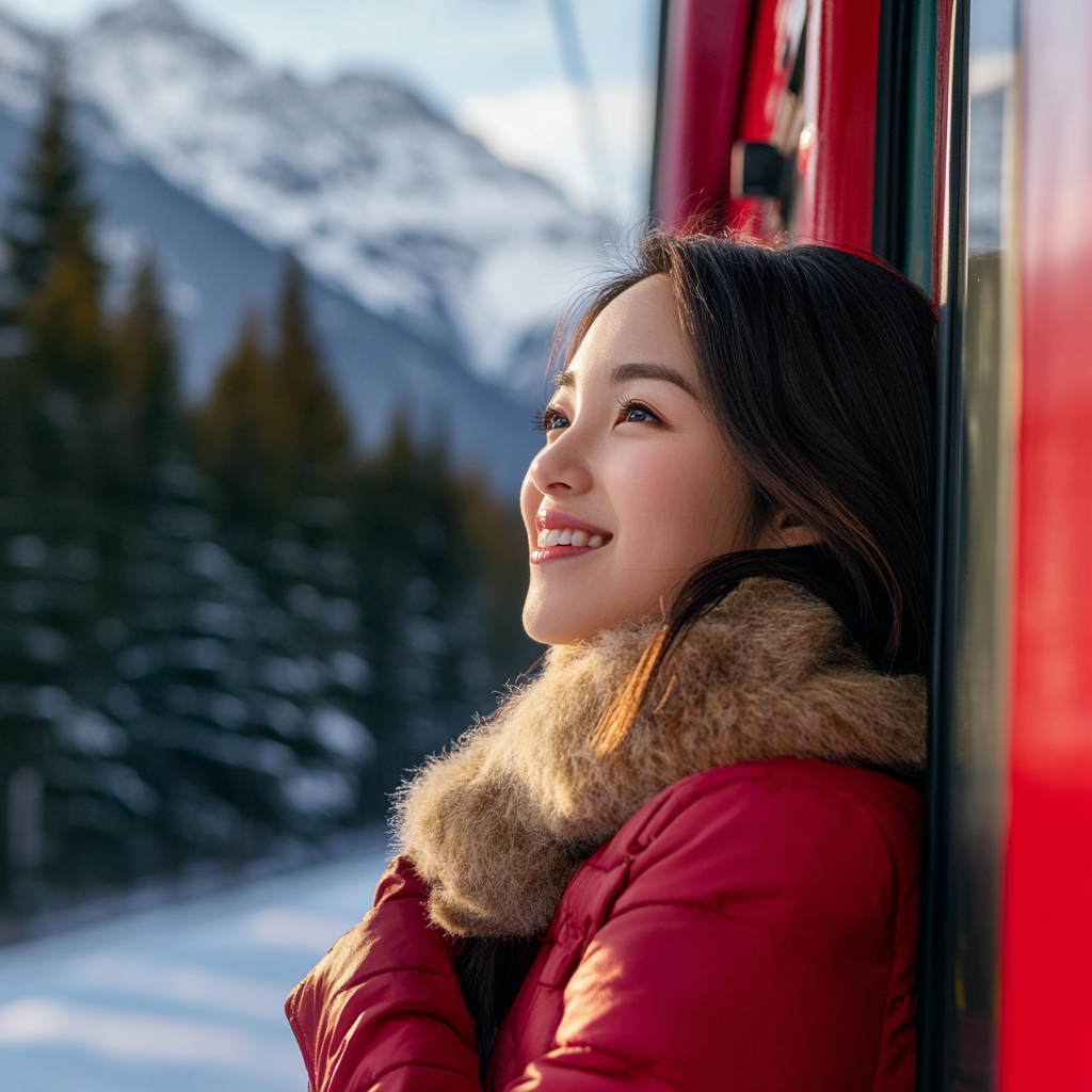 A Korean Girl Smiling on Red Train