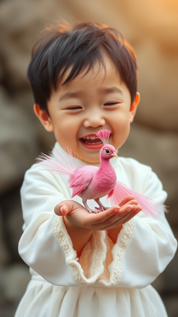 A Korean child laughing holds a tiny pink peacock.