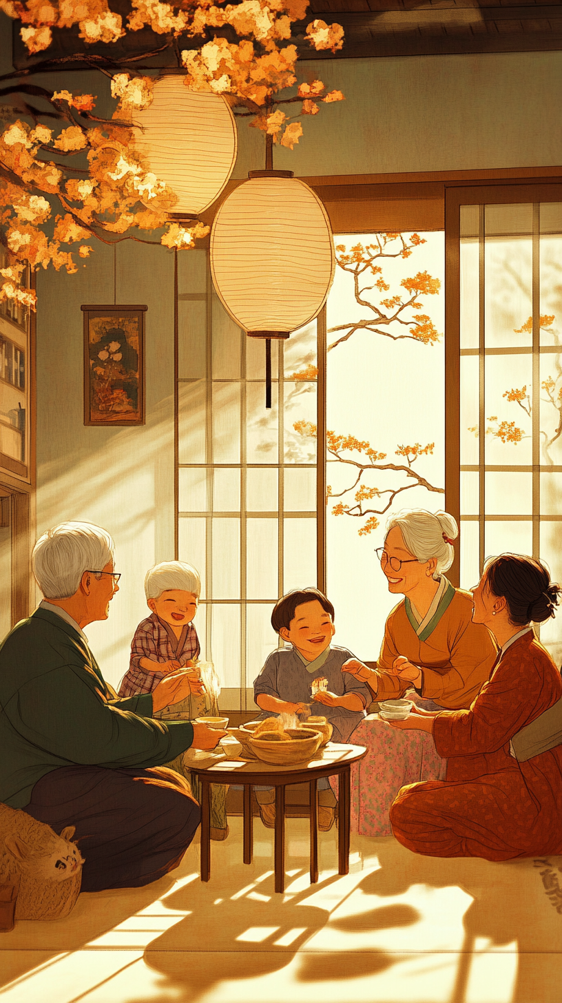 A Korean family in cozy living room talking