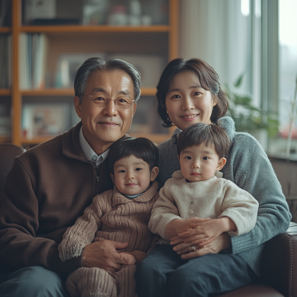 A Korean family in the living room smiling