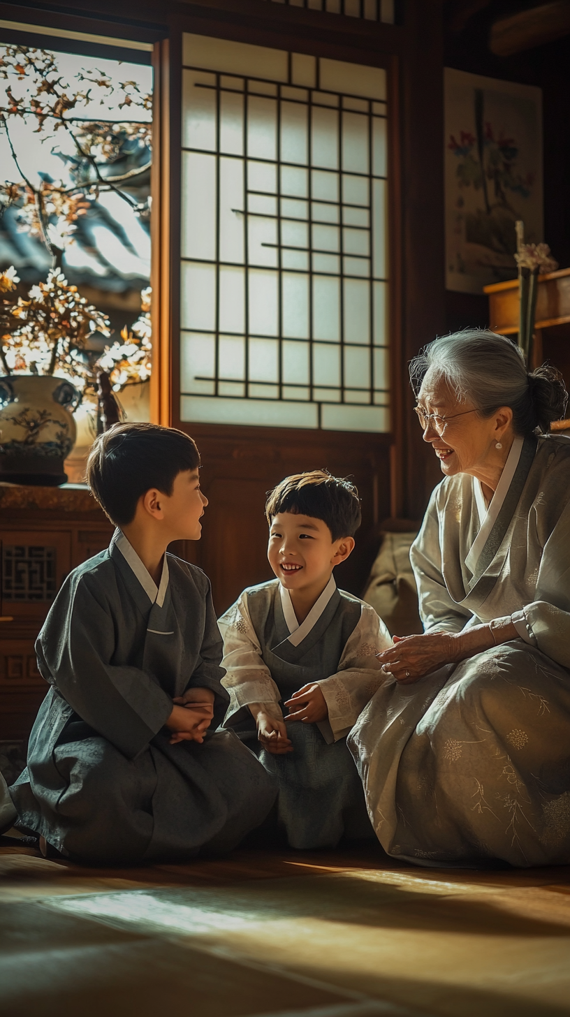 A Korean family laughing together in cozy room