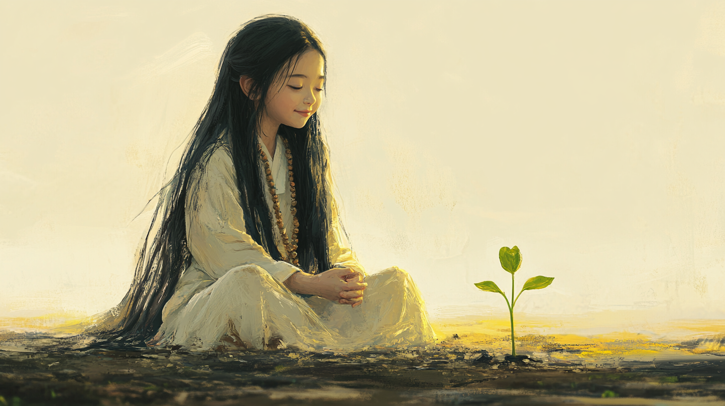 A Korean girl as a bodhisattva, peaceful scene.