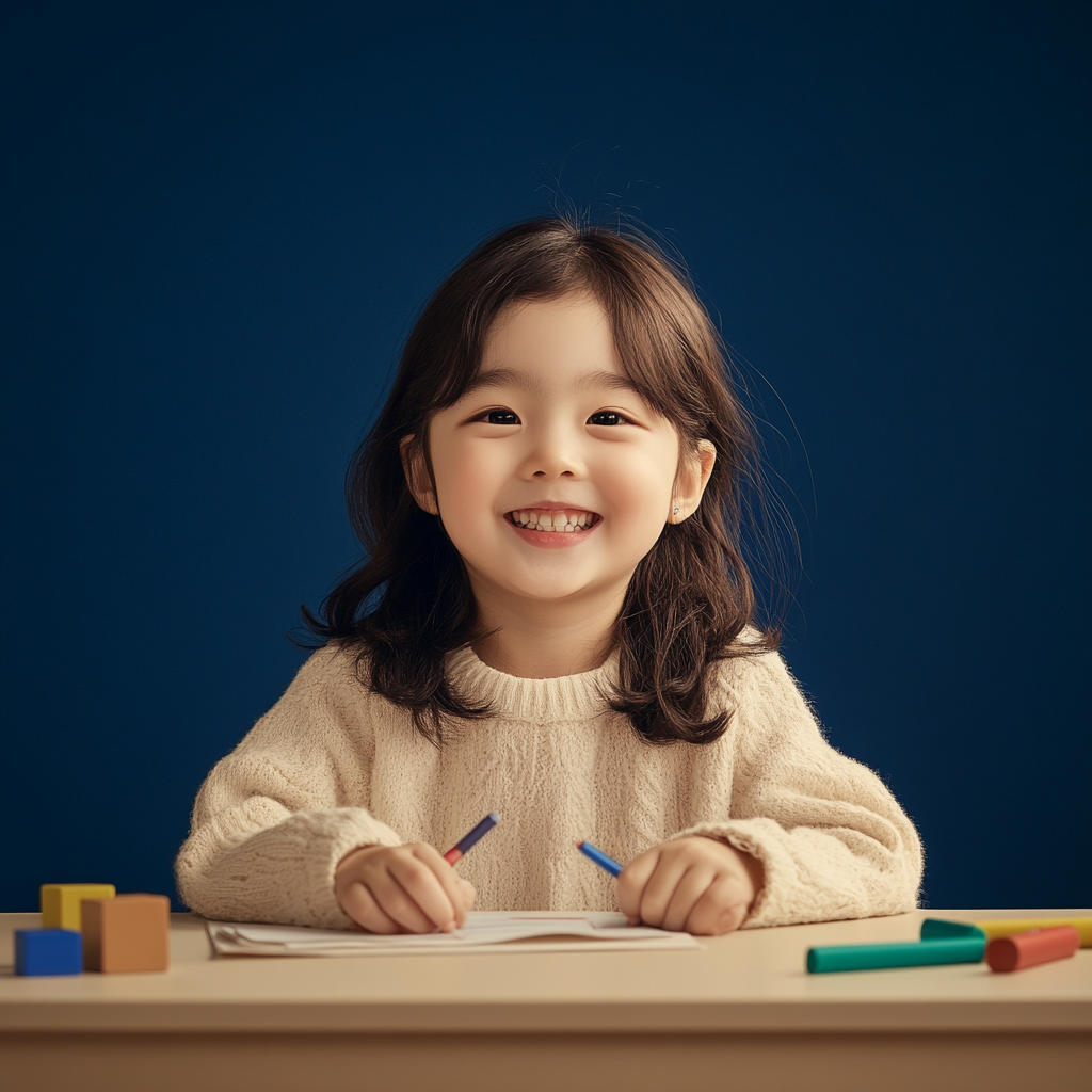 A Korean girl doing homework with school supplies