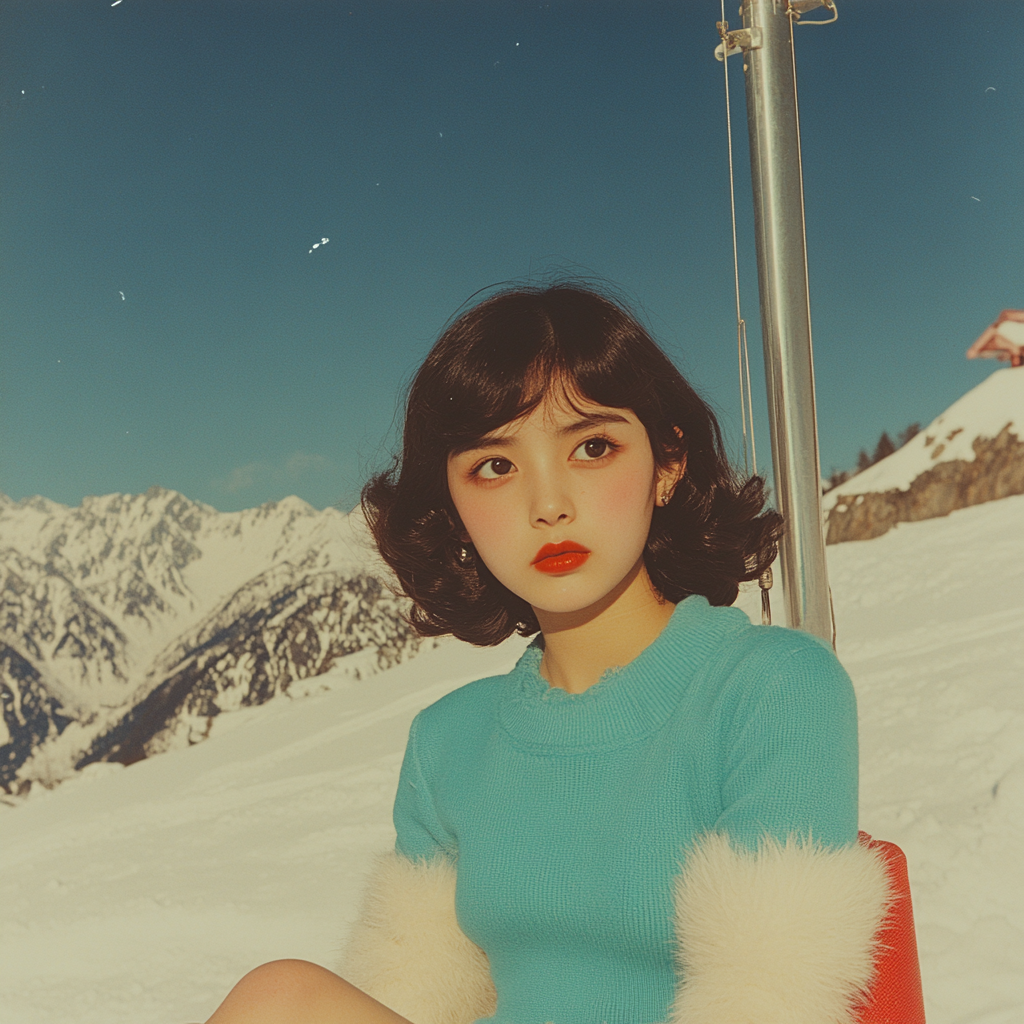 A Korean girl in swimwear standing on snowy mountain