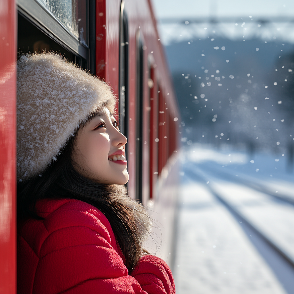 A Korean girl on a red train