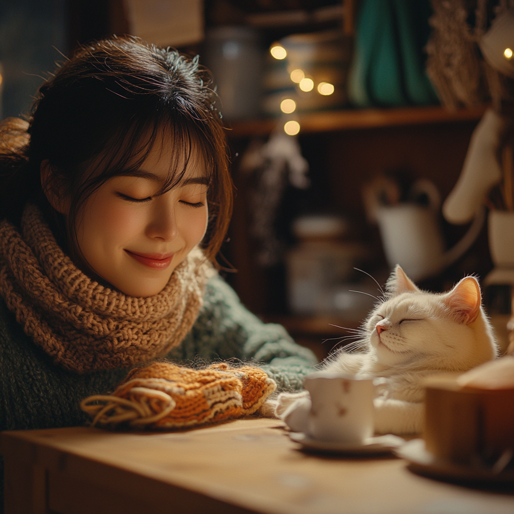 A Korean woman's cozy winter cabin scene