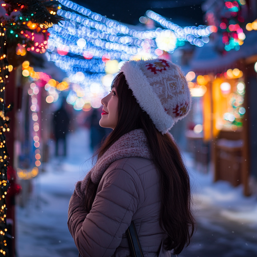 A Korean woman enjoying a festive winter night