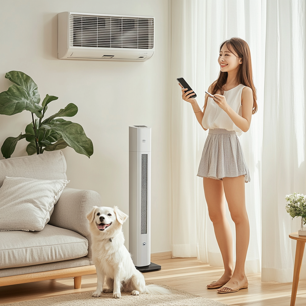 A Korean woman in living room with appliances.