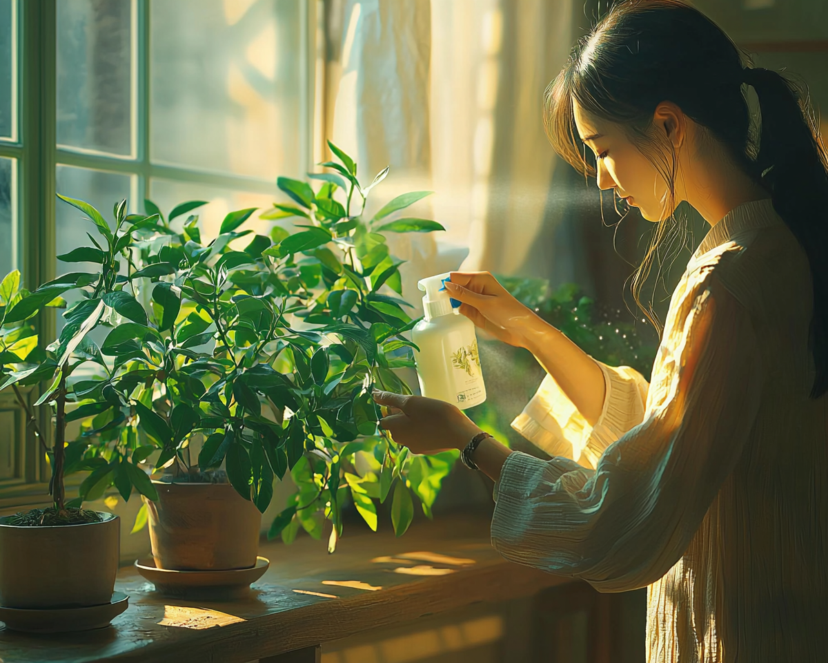 A Korean woman spraying plant in cozy home