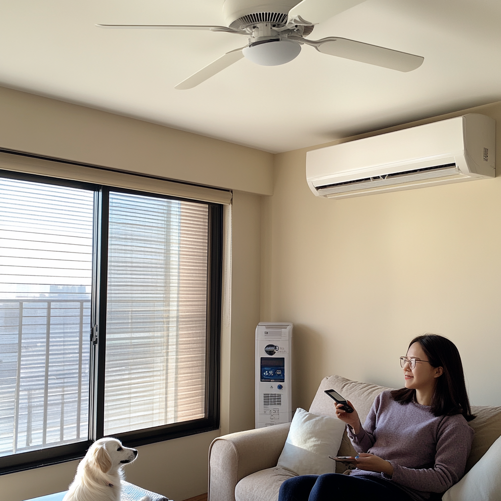 A Korean woman with a Maltese in living room.