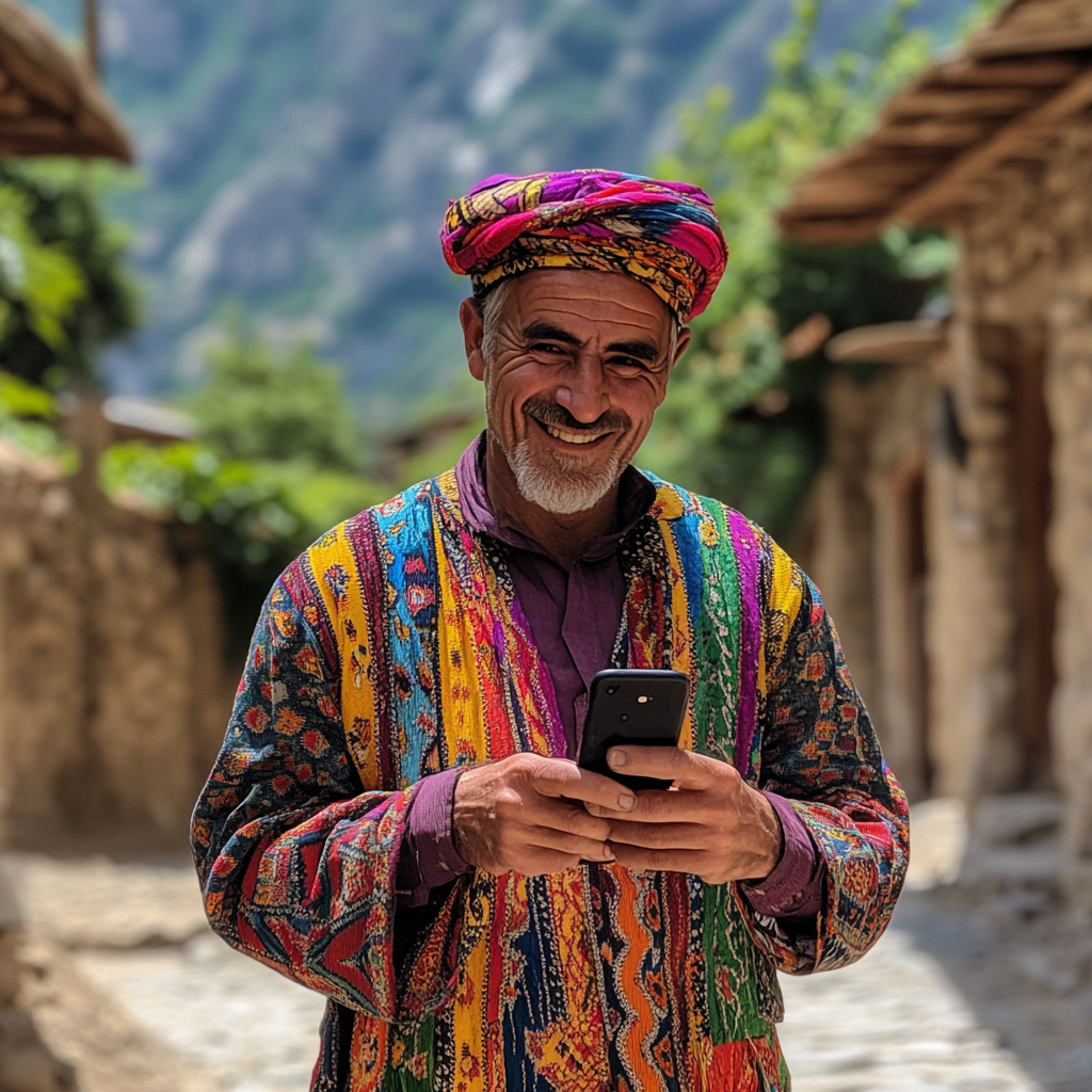 A Kurdish Man in Traditional Village with Phone