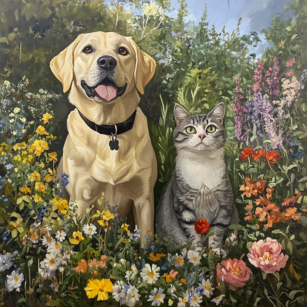 A Labrador and Cat in Flowery Garden Painting