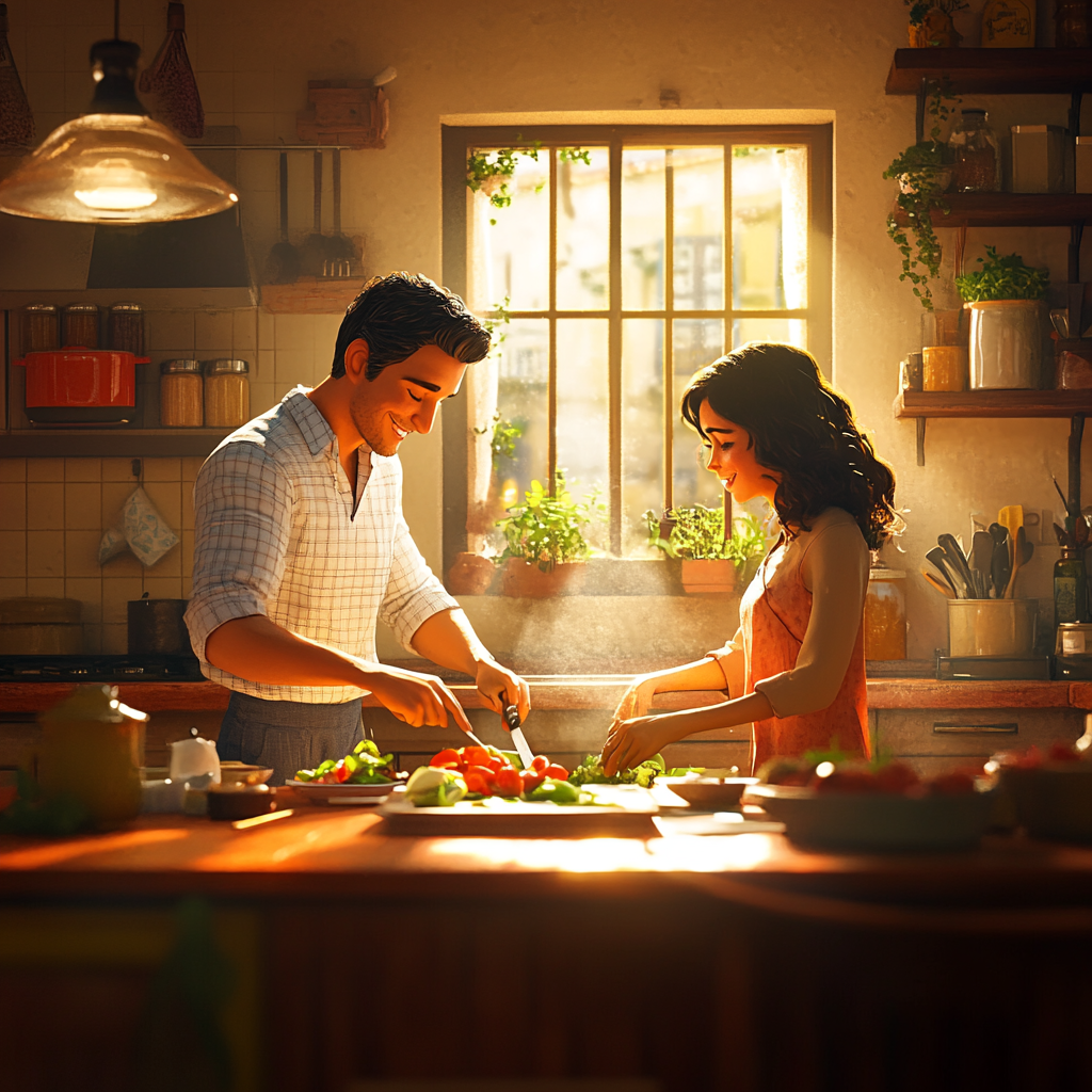 A Latin American couple in kitchen share emotions