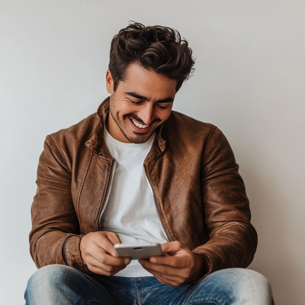 A Latin American man sitting, playing on phone.