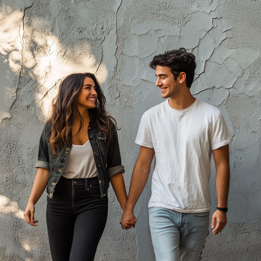 A Latina woman walking happily with partner