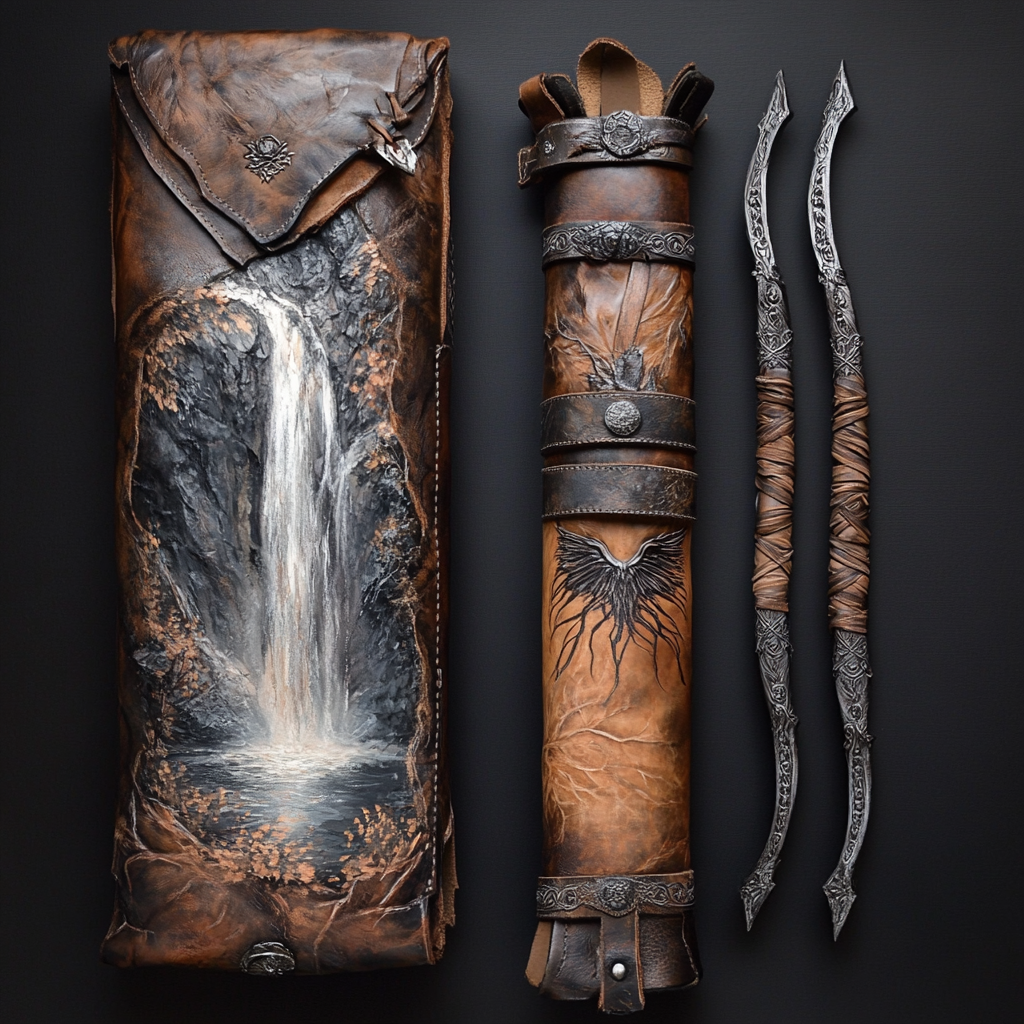 A Leather Quiver with Silver Waterfall Etching