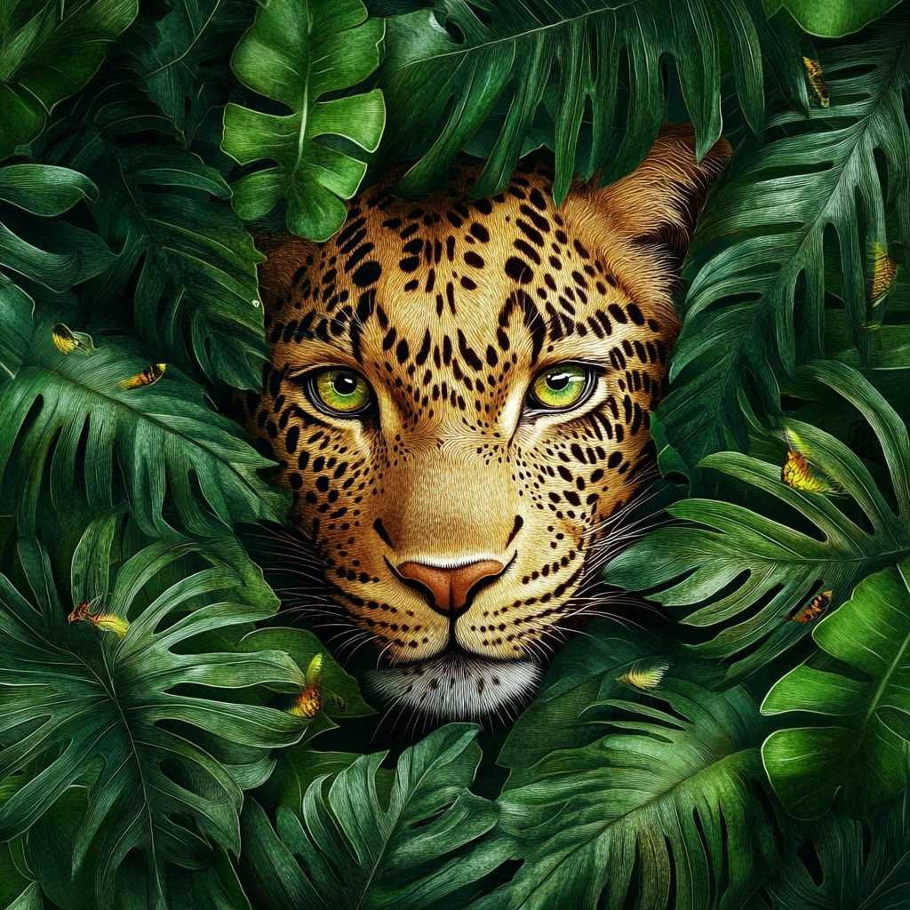 A Leopard Peeking Through Green Tropical Leaves