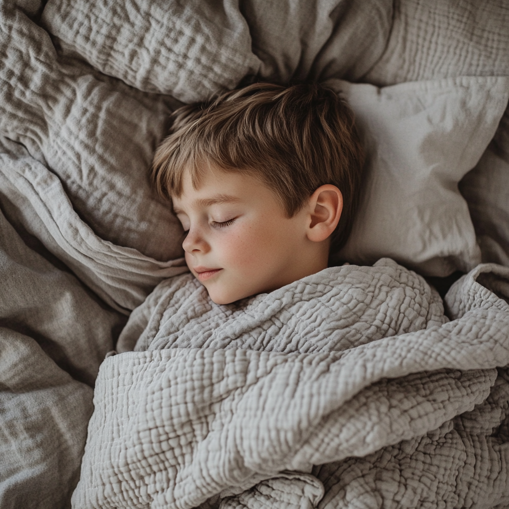 A Little Boy Sleeping in Bed Under Grey Blanket