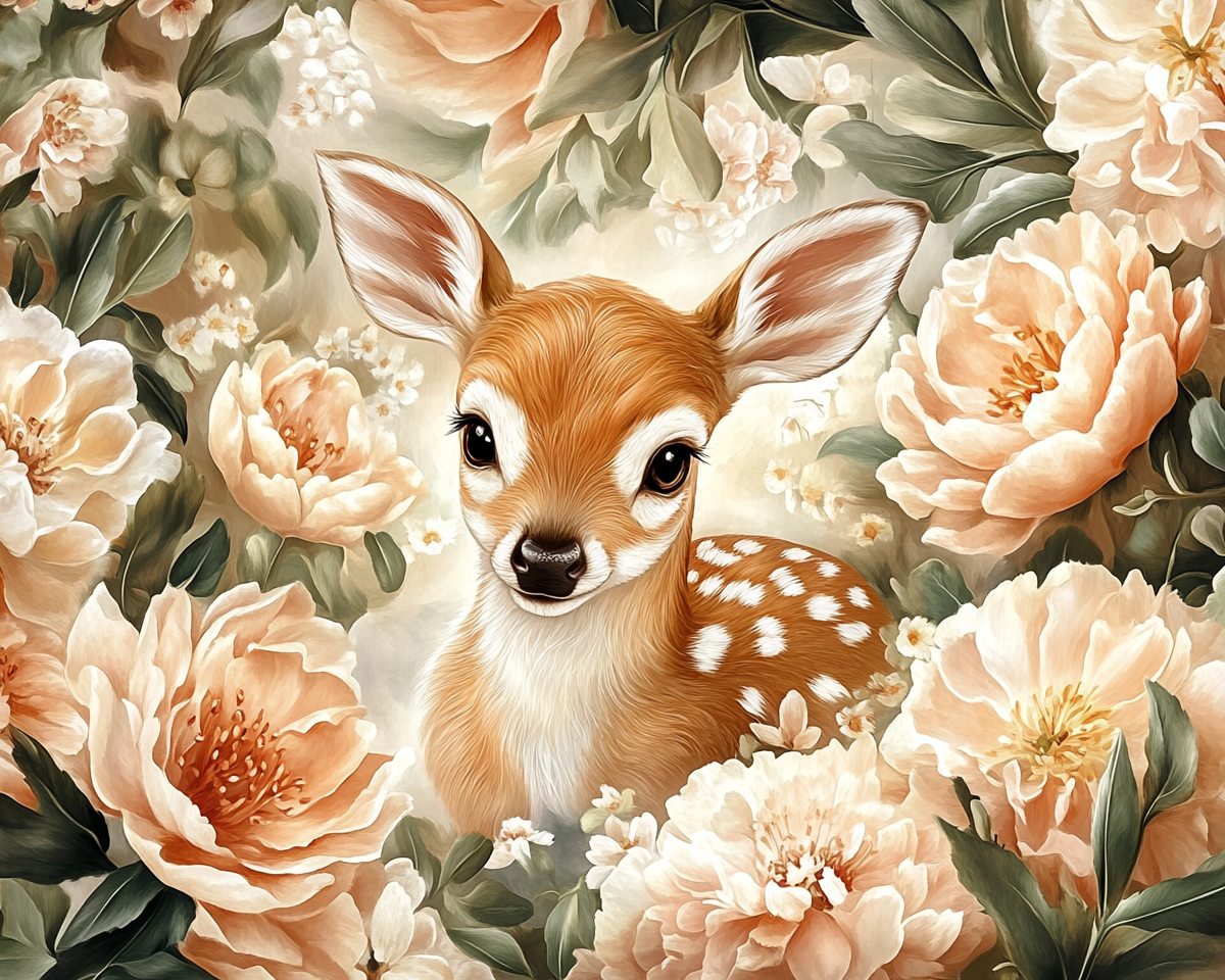 A Little Deer Among Beautiful Blooming Flowers