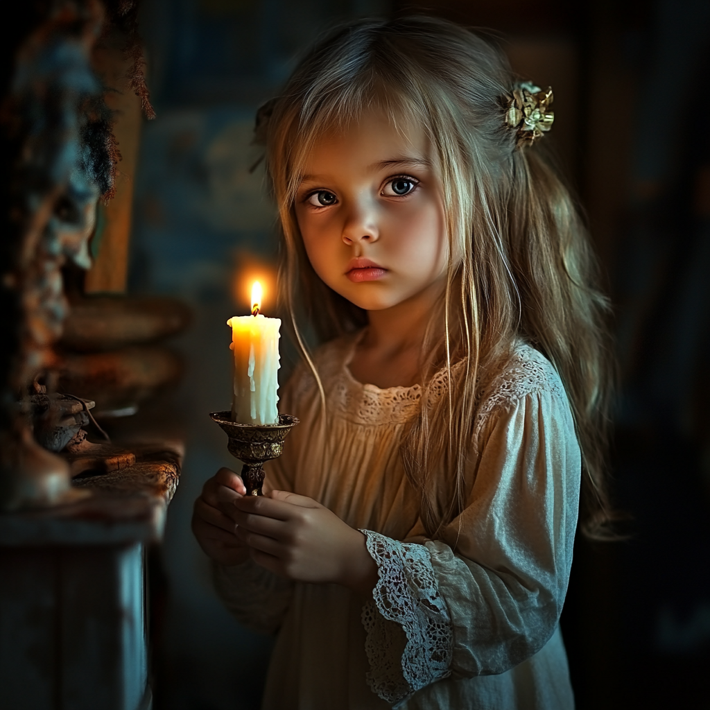 A Little Girl Holding Candle in Christmas Winter