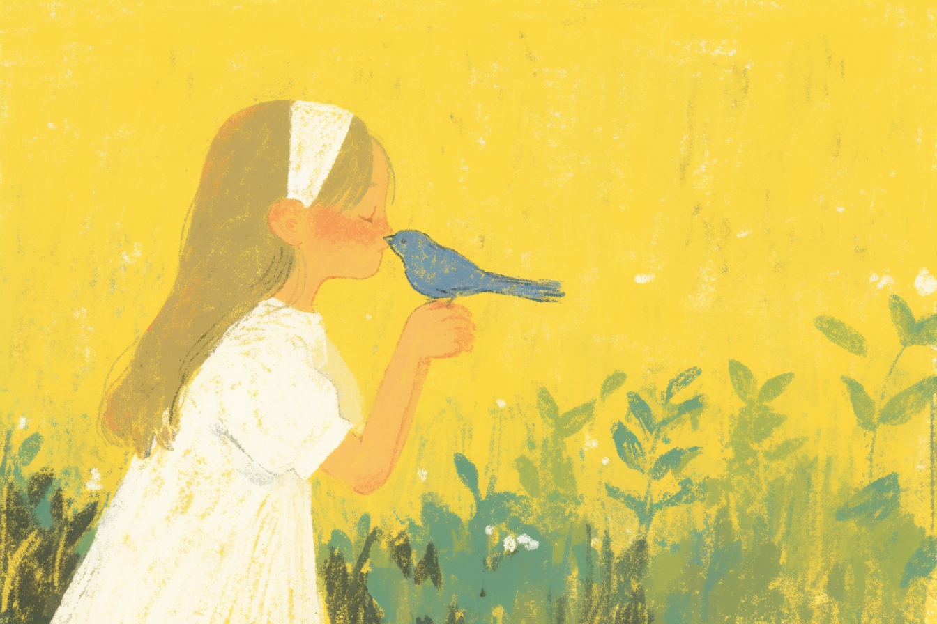 A Little Girl Kisses Blue Bird Painting