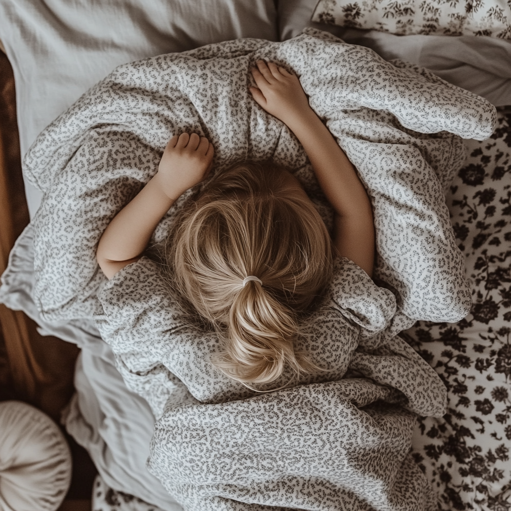 A Little Girl Napping Under Grey Duvet.