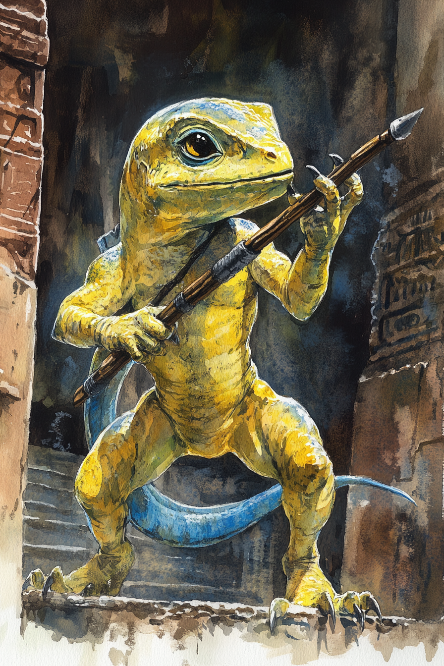 A Lizard Rogue in Aztec Ruins with Slingshot