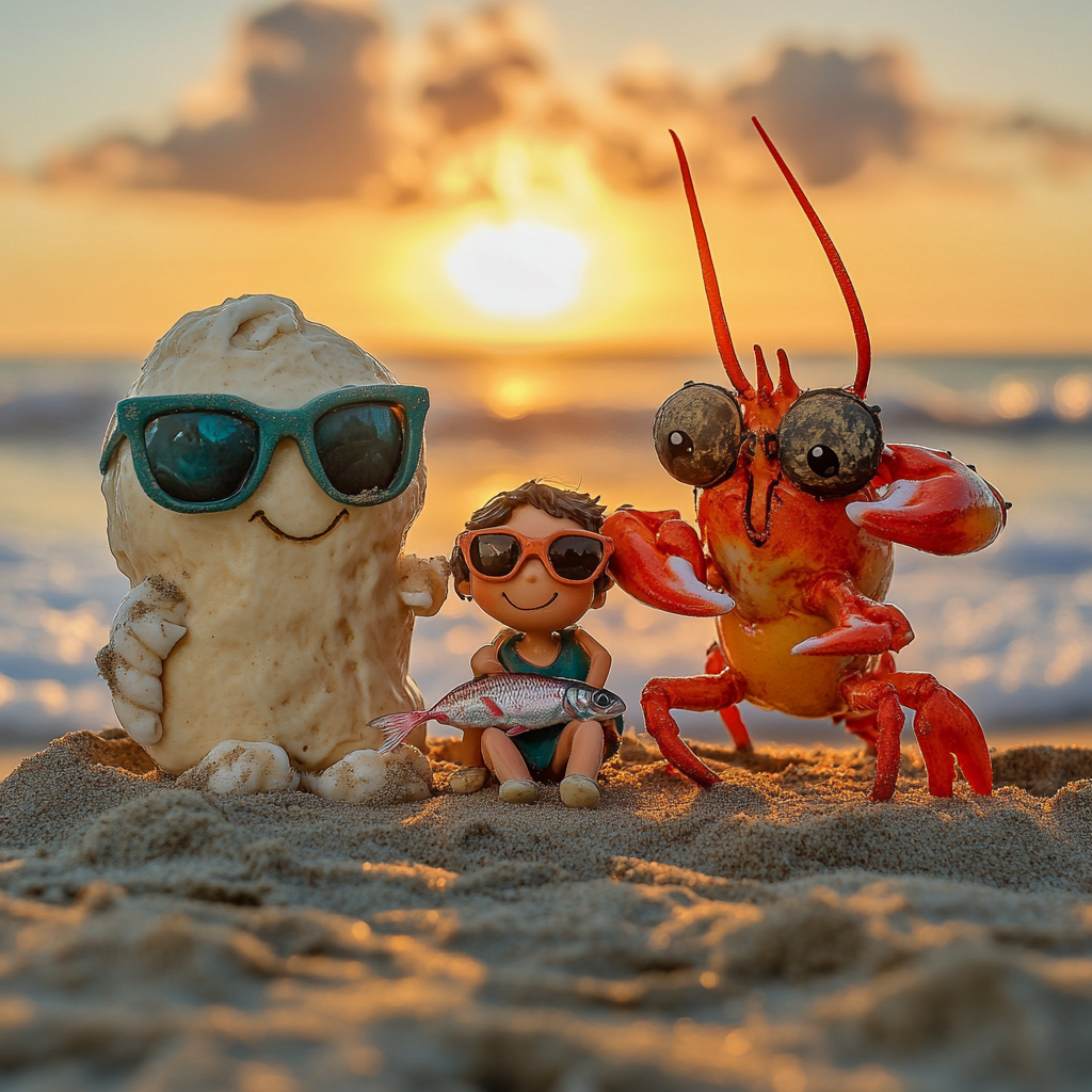 A Lobster, Dough, and Girl on Beach Sunset