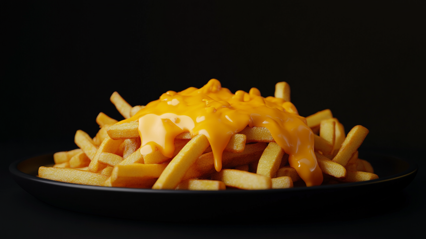 A Lot of French Fries with Cheddar Sauce