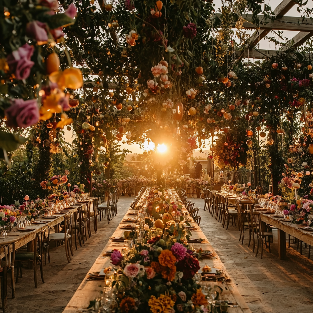 A Lovely Garden Party at Sunset with Flowers