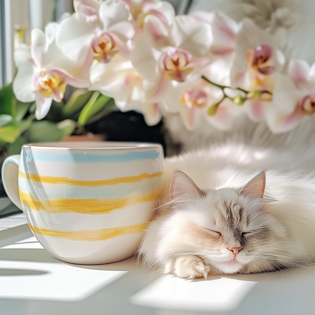 A Lovely Morning with Coffee, Cat, Orchids