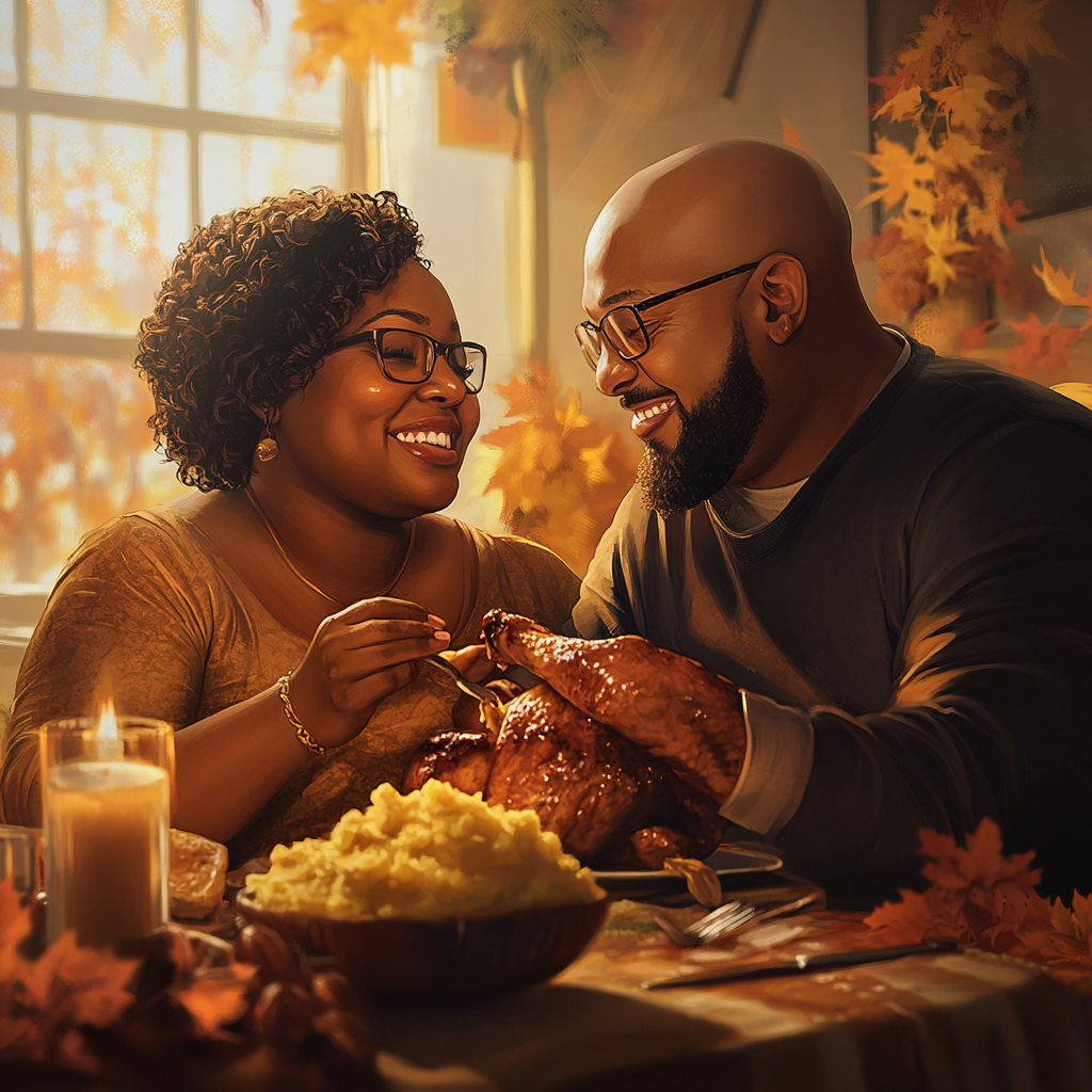 A Loving Thanksgiving Moment: African American Couple Feasting