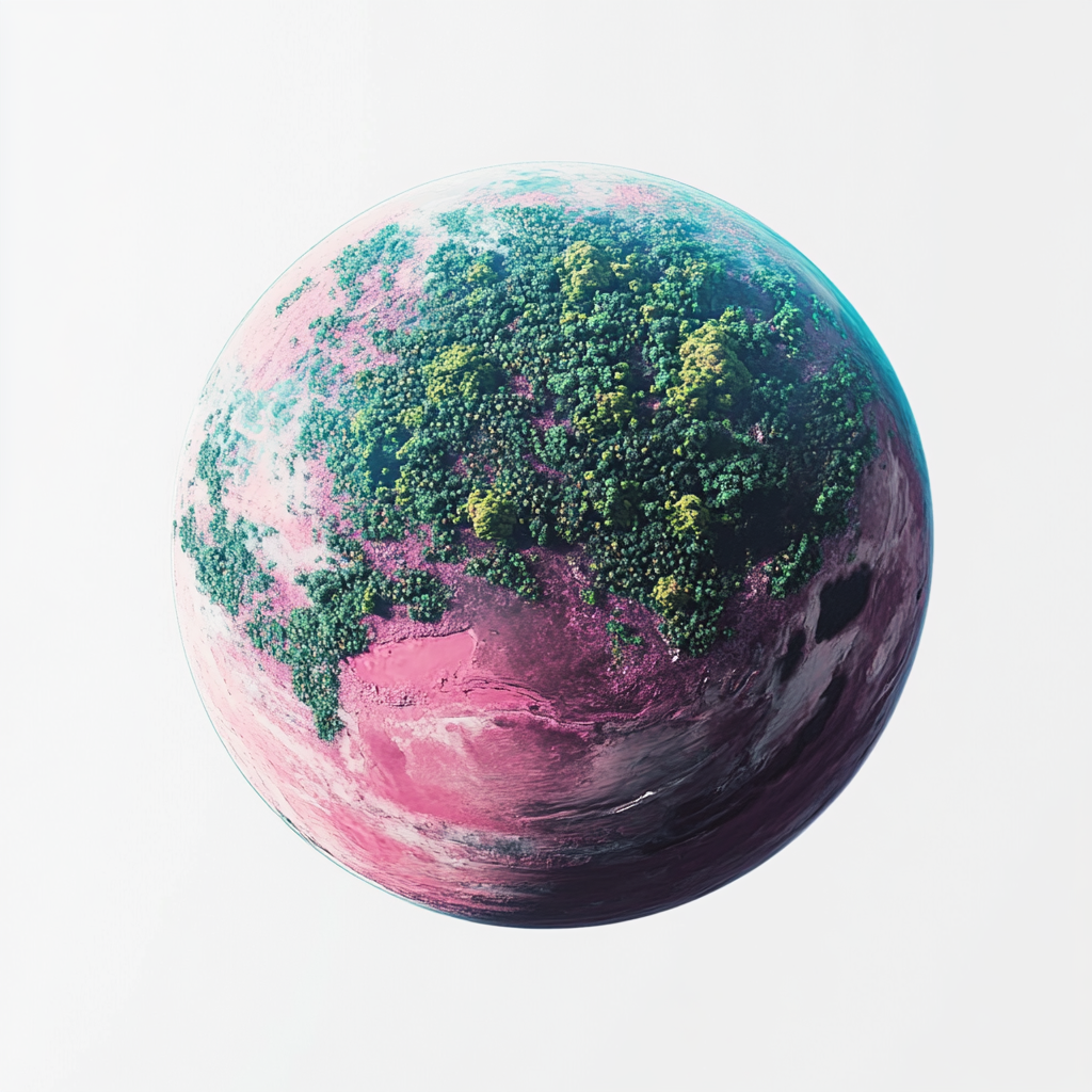 A Magenta Planet with Islands and Green Forests