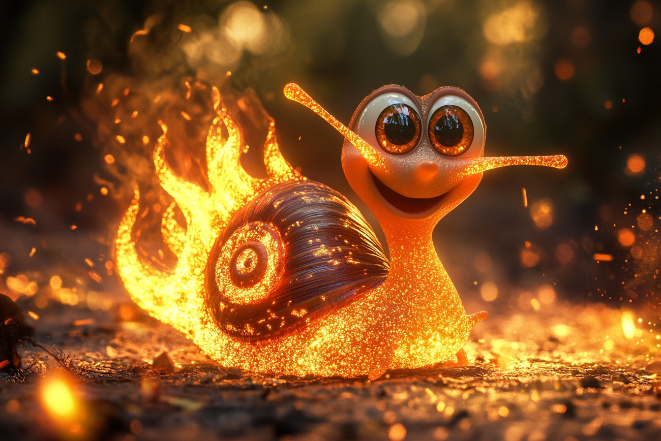 A Magical Flame Shell Snail in Pixar Style