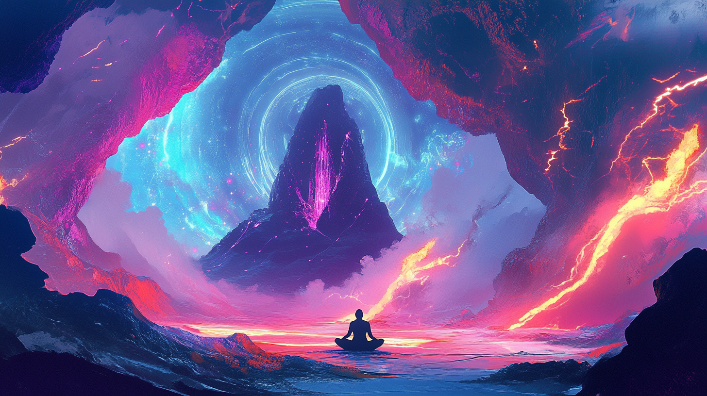 A Magical Meditating Figure in Vibrant Cosmic Cave.