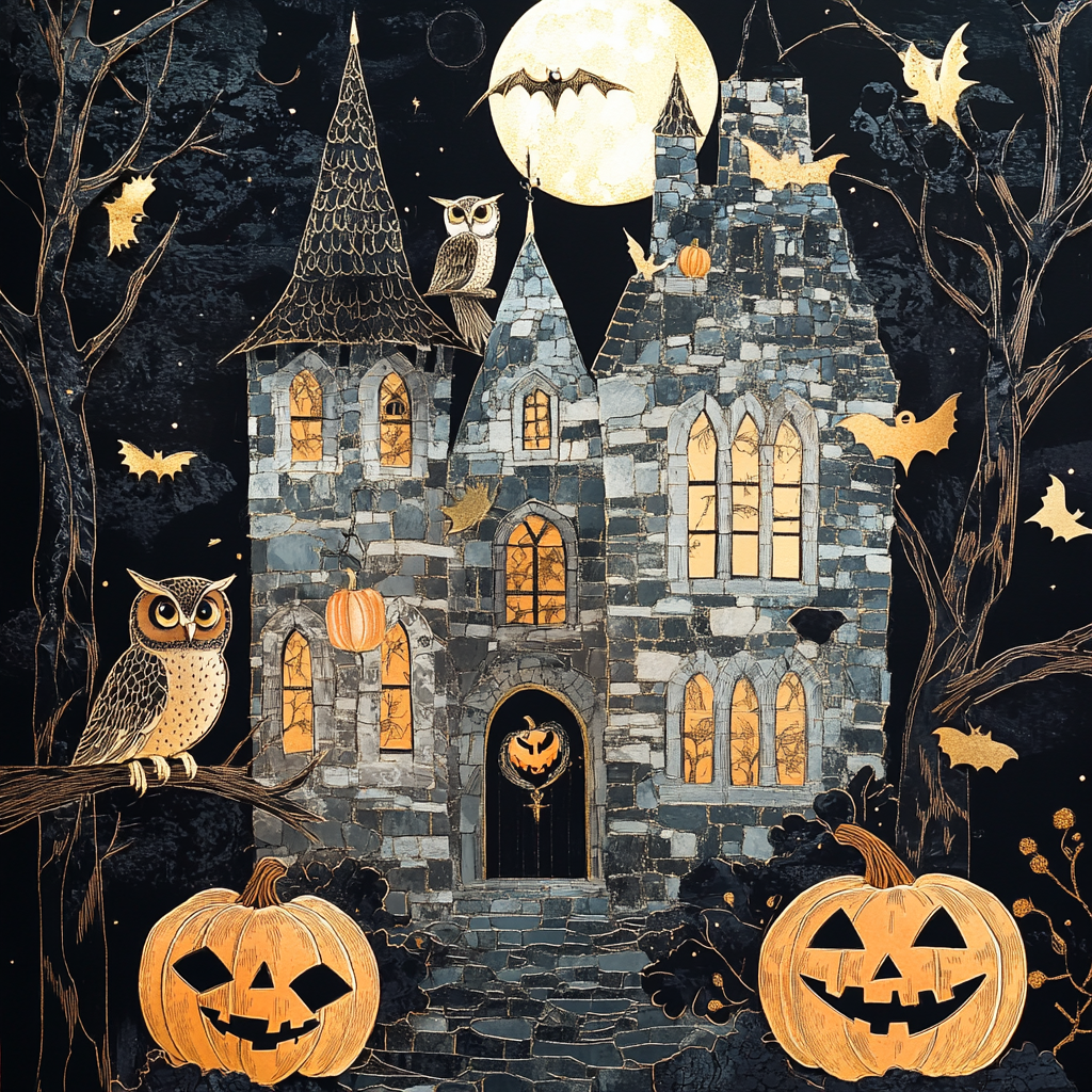 A Magical Owlery with Happy Pumpkins and Moon