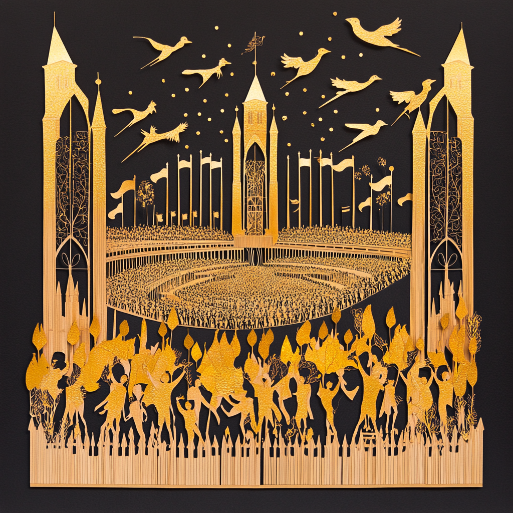 A Magical Quidditch Scene with Gold Foil Accents