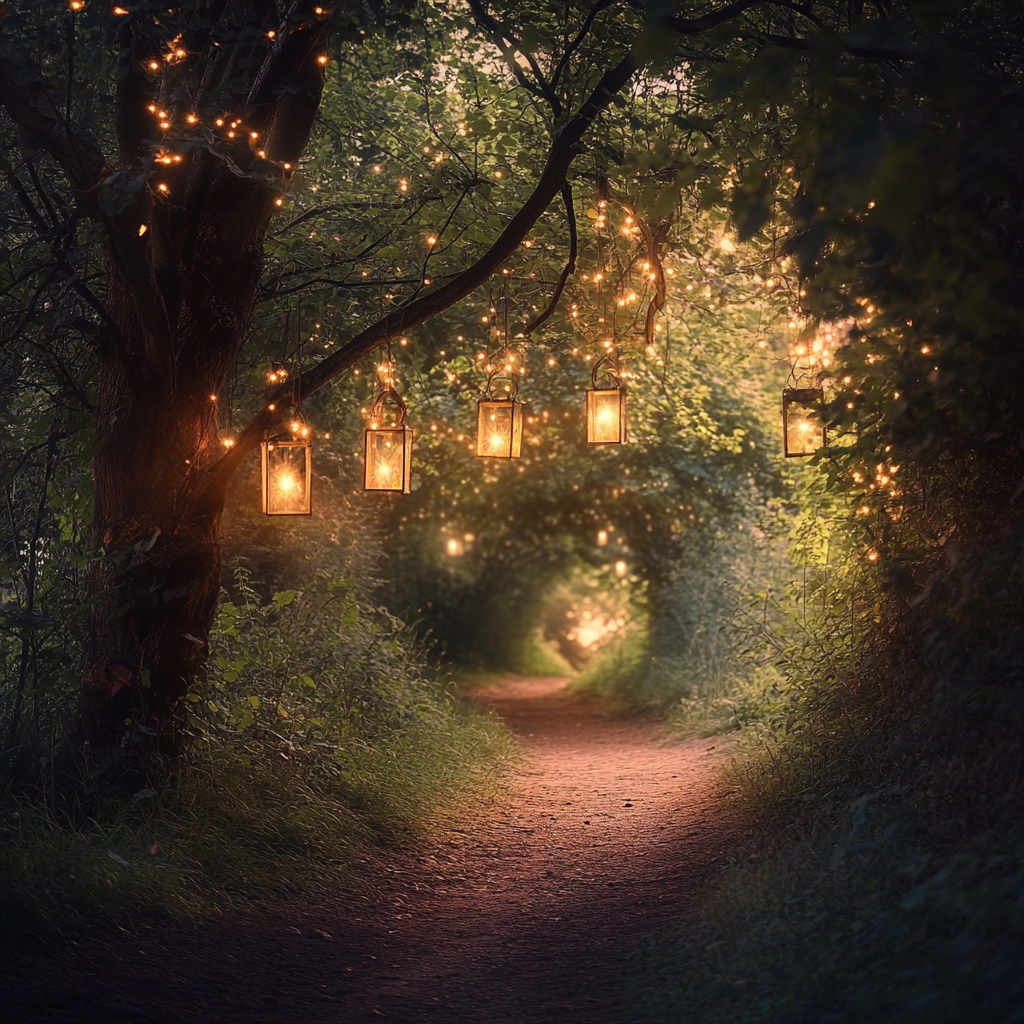 A Magical Sunrise Path with Lanterns and Pumpkins