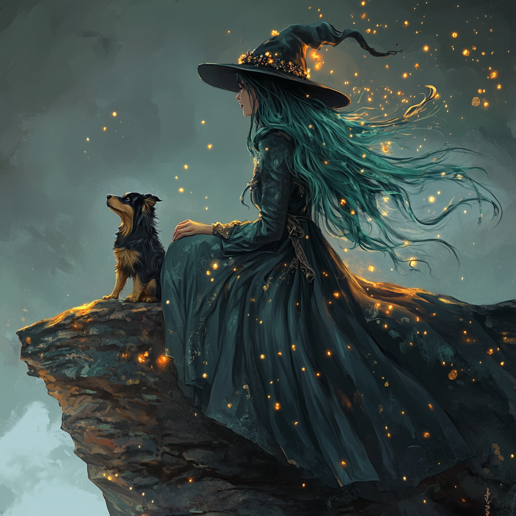 A Magical Witch and Her Dog at Night