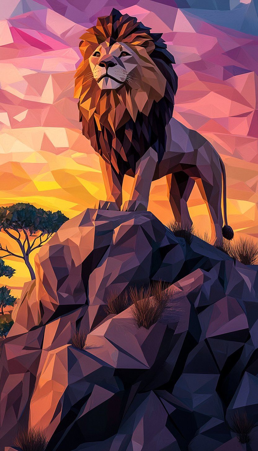 A Majestic Lion Stands on Cliff at Sunset.