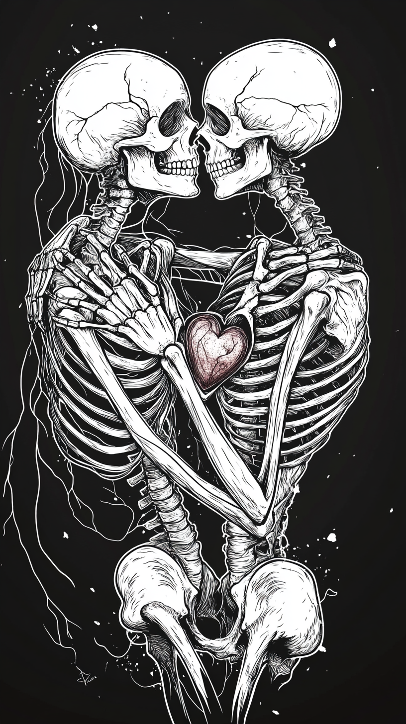 A Male and Female Skeleton Embracing on Black