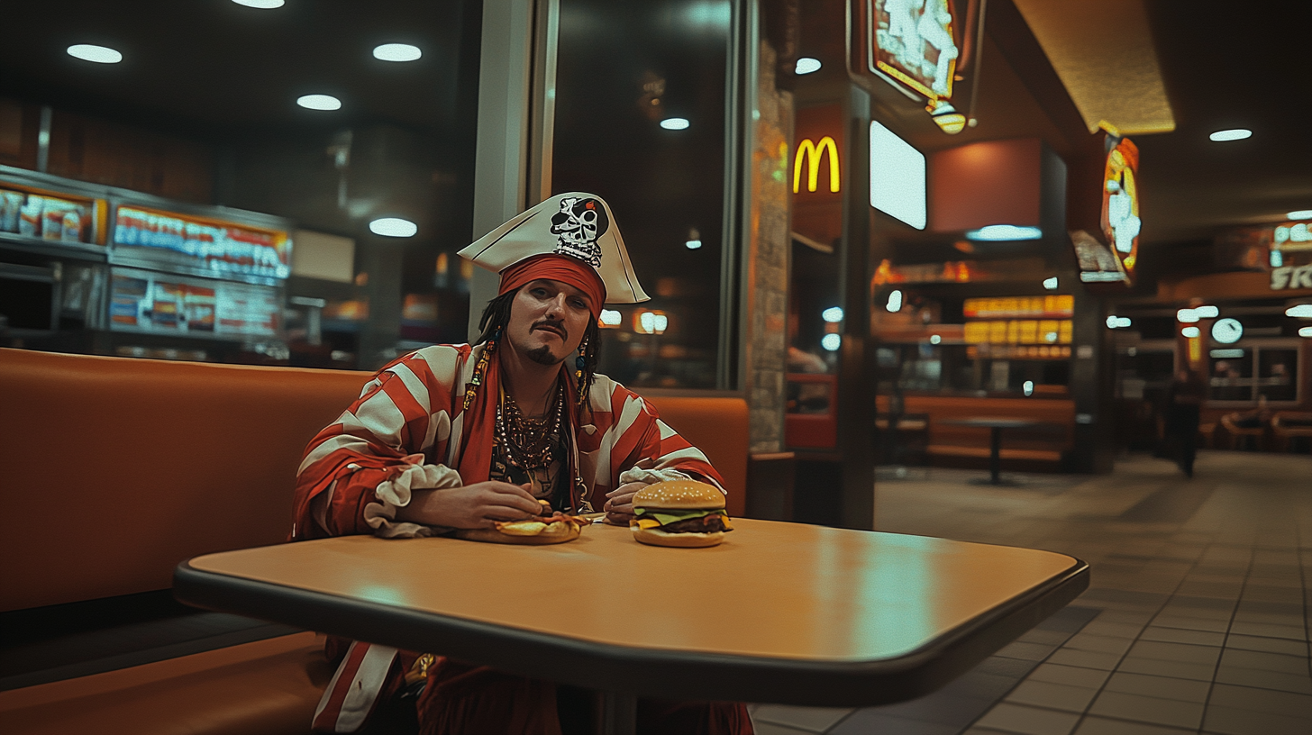 A Man's Pirate Halloween Night at Burger King